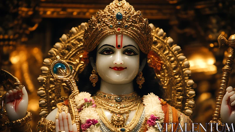 Gilded Hindu deity statue with ornate crown and jewelry.