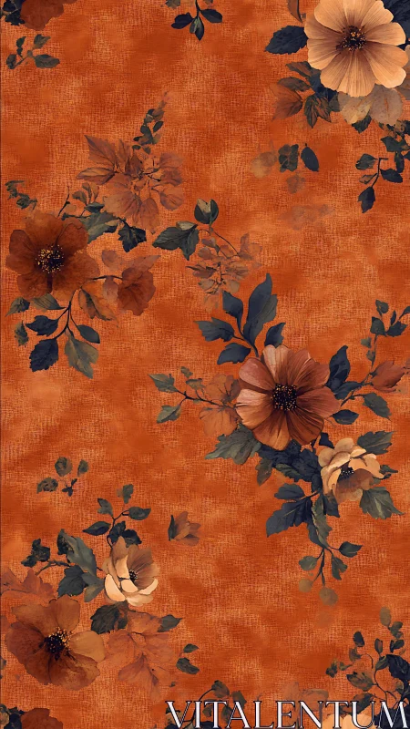 Warm Floral Blooms Dance Across Burnt Orange Canvas
