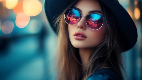 Urban portrait with neon reflections in mirrored sunglasses.