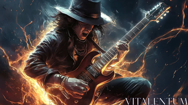 Rock guitarist in hat plays electric guitar amid fiery light