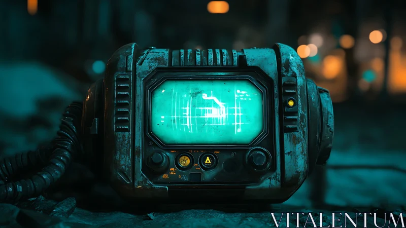 Rust-bitten wasteland scanner hums in neon cyan gloom.