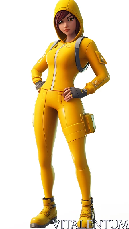 Stylized 3D female character in yellow hooded outfit.