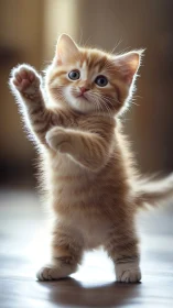Backlit Ginger Tabby Kitten with Raised Paw. Studio Portrait.