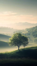 Solitary hilltree sipping dawn fog across rolling valleys.