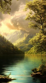 Golden mountain lake under dramatic storm-lit skies.