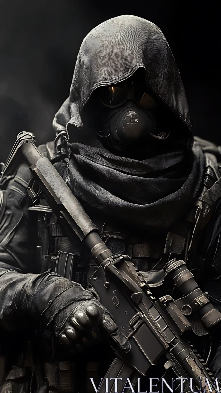 Hooded tactical operator in gas mask grips carbine under low key lighting