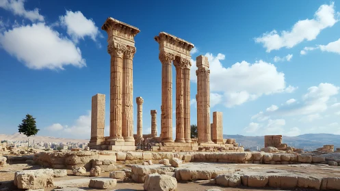 Ancient stone columns rise over sunlit desert cityscape.
