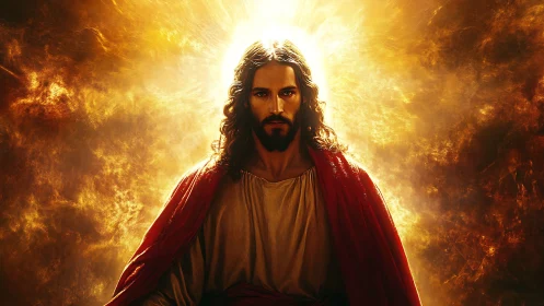 Radiant messianic figure framed by blazing golden light