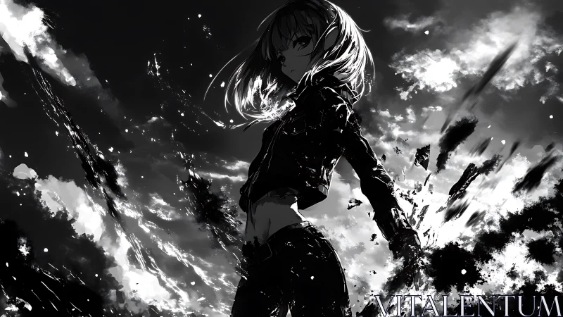 Stormlit anime heroine rising through swirling shadows.