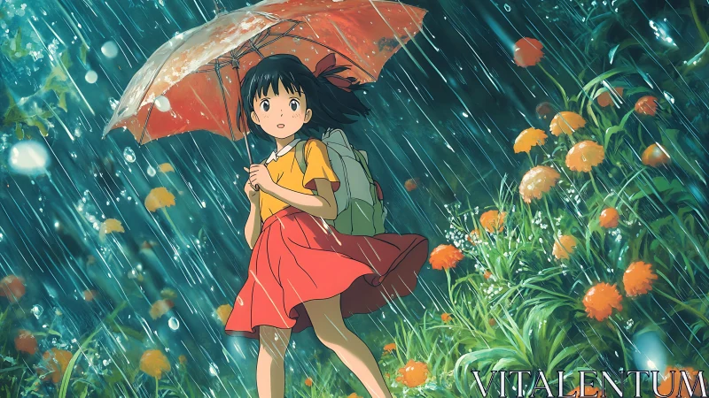 Rain-drenched garden pauses as a wandering girl drifts through