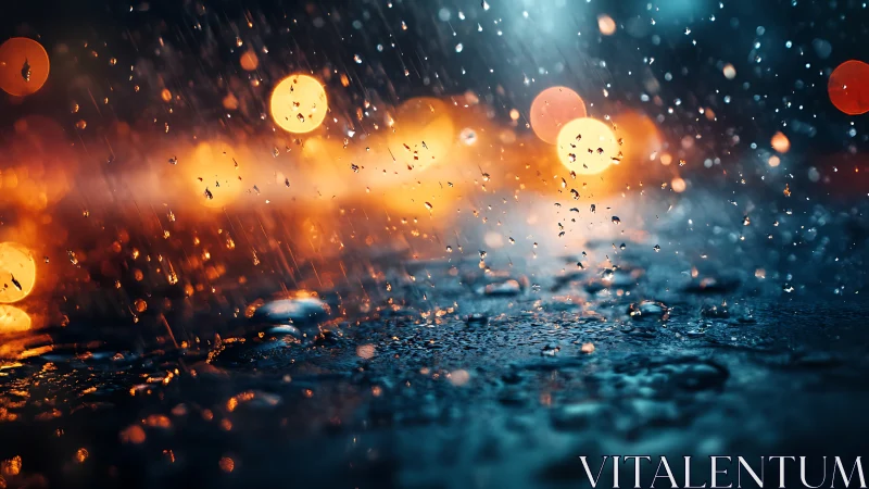 Night rain on city street with glowing bokeh lights.