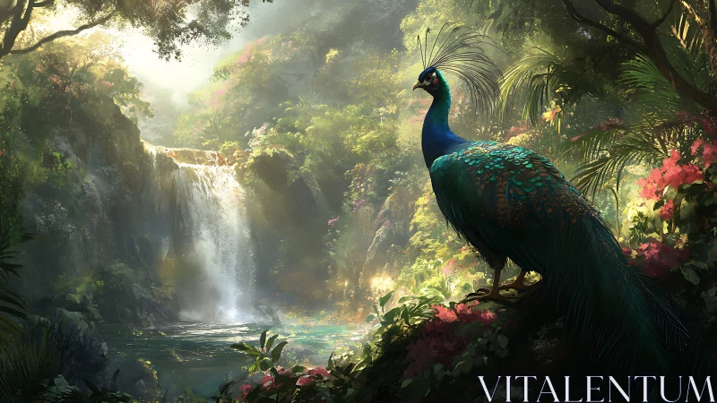 Peacock positioned before dense forest waterfall scene.