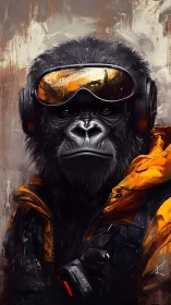 Stoic cyber gorilla stands defiant in rugged urban haze
