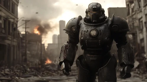 Heavily armored combat robot in urban war-torn street.