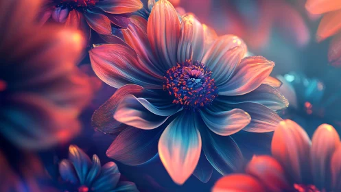Glowing Flowers Dance in Dreamy Blue and Coral Light