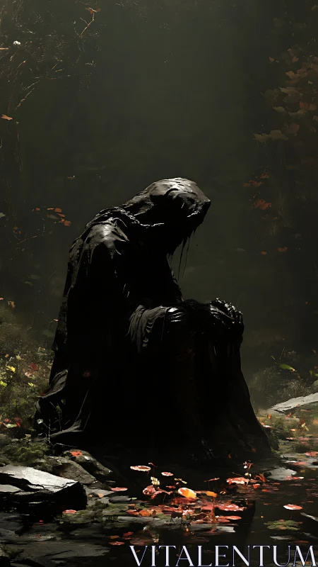 Shrouded watcher bends over autumn light pooled in water