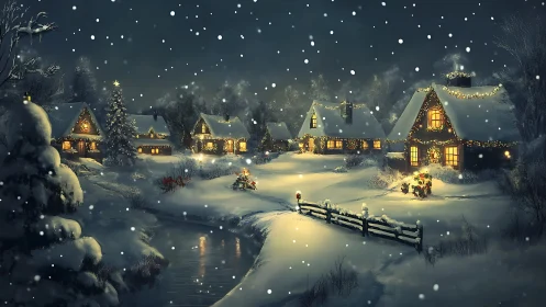 Snowy village glows under warm Christmas cottage lights.