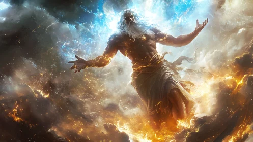 Mythic god-like figure rising in glowing storm clouds.