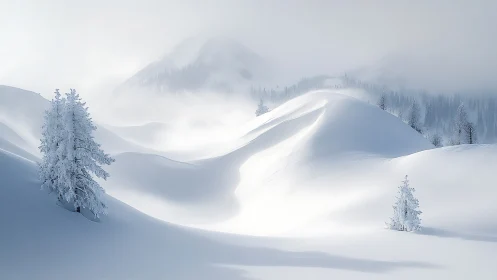 Quiet snow covered hills with frosted evergreen trees at dawn