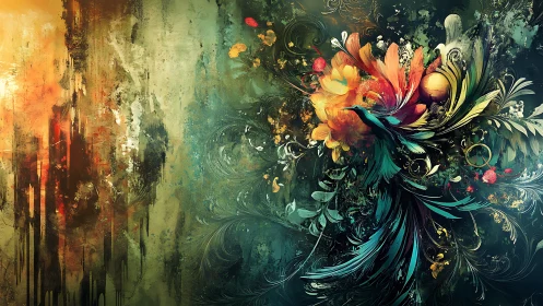 Floral phoenix unraveling from a storm of painted twilight.