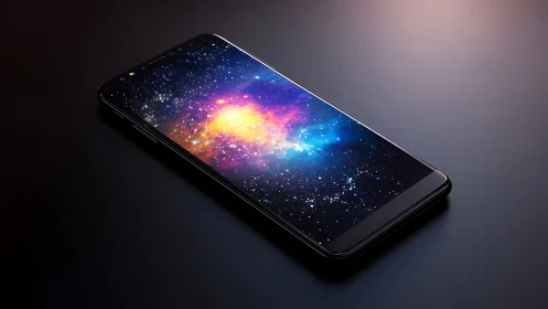 Black smartphone on dark surface with vivid galaxy display.