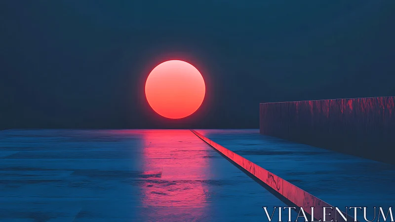 Neon sun descends over minimalist blue terrace in silence