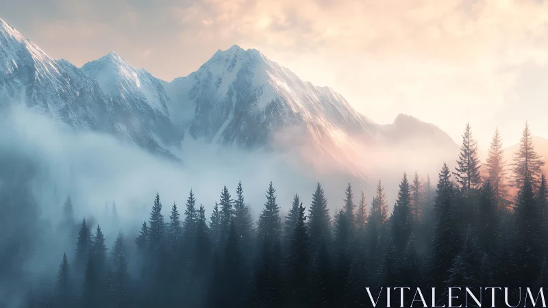 Snowcapped alpine ridge above misted conifer forest at dawn.