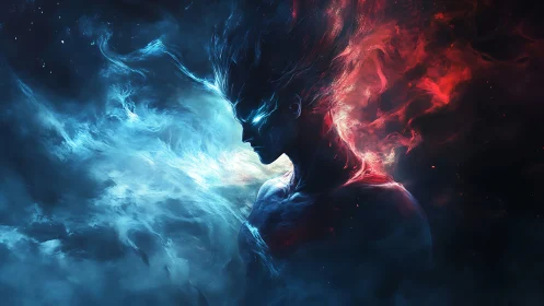 Elemental figure in blue and red cosmic energy field.