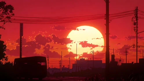 Crimson urban sunset framing a silhouetted city bus scene.