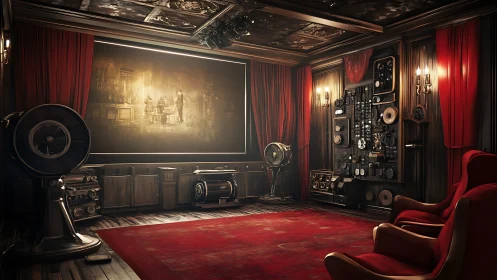 Vintage style home theater with steampunk projector wall.