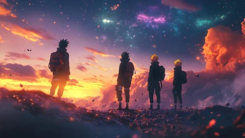 Four silhouetted hikers stand on rocky ridge at vivid sunset