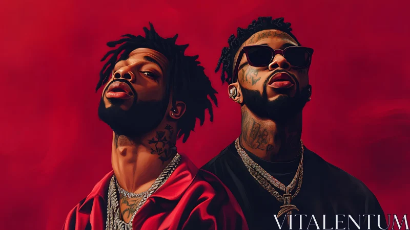 Dual portrait of tattooed rappers in stylized red studio lighting.
