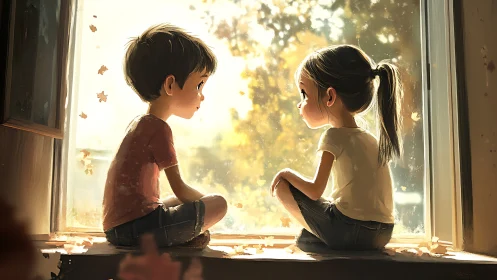 Two Children Watching Autumn Leaves from Window Sill.