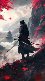 Lone samurai overlooks misty valley beneath crimson blossoms.