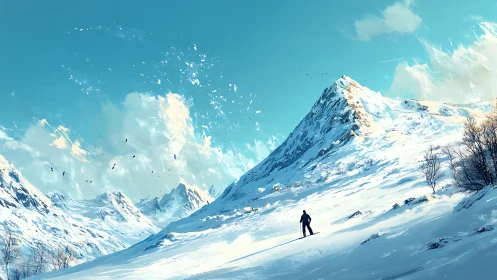 Solitary hiker enjoys a bright winter trek through calm peaks