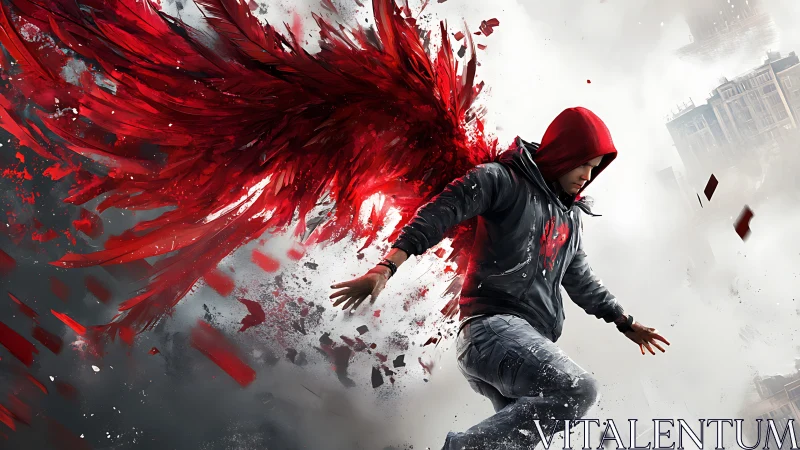 Hooded figure descends as fragmented crimson wings shatter space