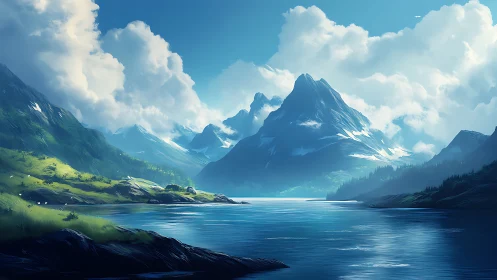 Sky-carved mountains cradle a sapphire lake in hush.