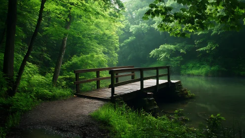 Wooden footbridge over misty forest pond in tranquil morning light.