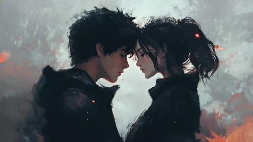 Two Figures Poised in Flames and Darkness