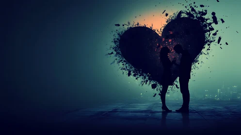 Silhouette Holds Disintegrating Heart Against Urban Glow