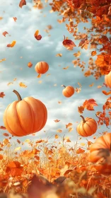 Floating pumpkins drift through a golden, windswept autumn field