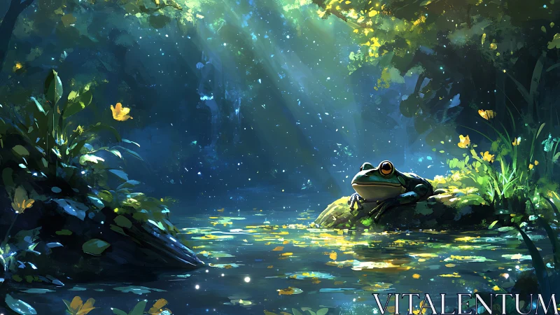 Bioluminescent forest pond with contemplative frog in dappled light
