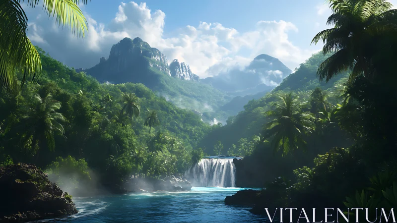 Tropical waterfall valley under luminous mountain mist