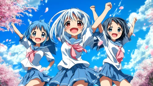 Energetic anime schoolgirls celebrate under vibrant cherry blossoms