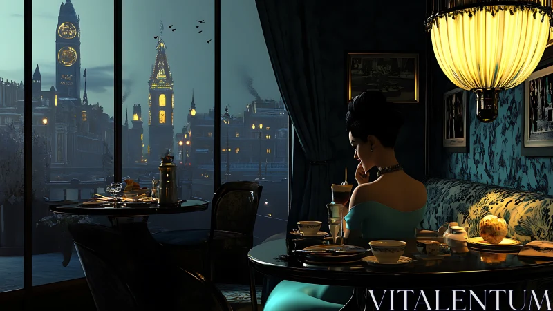 Elegant woman dining in lamplit café above nocturnal cityscape.