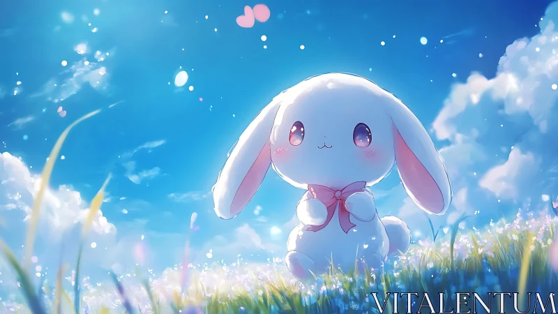 Luminous pastel bunny under volumetric blue sky fieldscape.