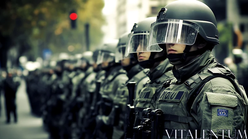 Riot police line in full tactical gear on city street.