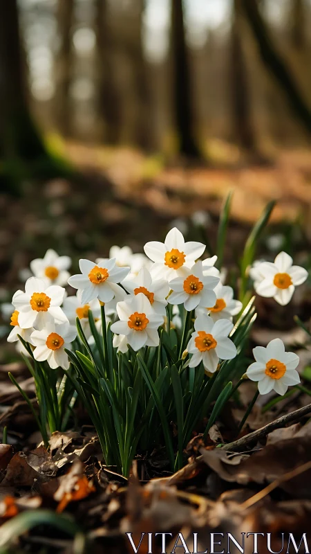 White daffodils with orange centers in forest setting.
