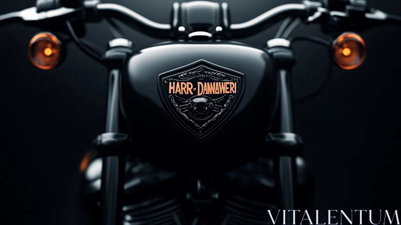 Black custom motorcycle tank with orange emblem closeup.