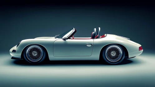 Retro white roadster rendered as sleek 3D studio profile.